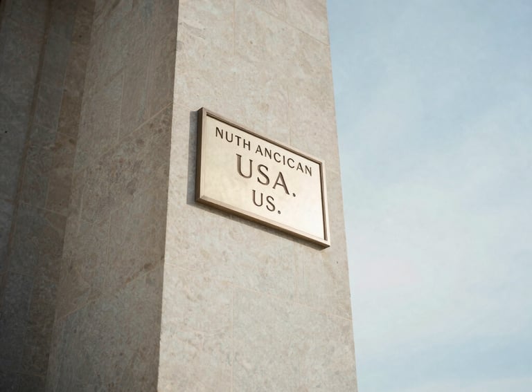 A low-angle shot of a grand stone pillar outside a US courthouse, signifying strength and justice, with a clear sky and soft shadows, North American / US.