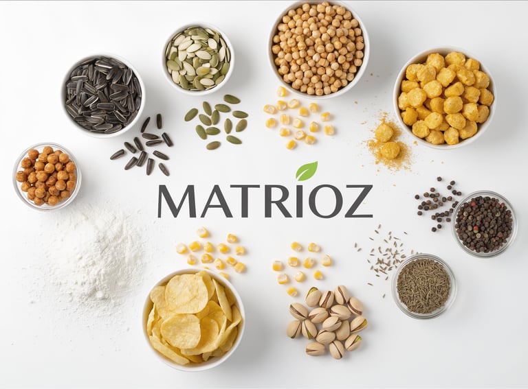 Flat lay of Matrioz healthy snacks, seeds, nuts, and corn puffs arranged on a white background.