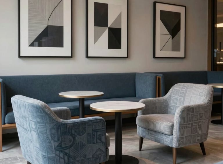 An aesthetic interior shot of a modern study lounge with comfortable chairs and minimalist art, featuring geometric patterns in slate blue and light gray, Middle Eastern atmosphere.