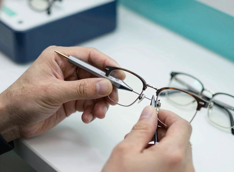 A close-up photograph of hands working with precision tools on a pair of glasses in a professional optical setting, bright teal and navy accents in the room.