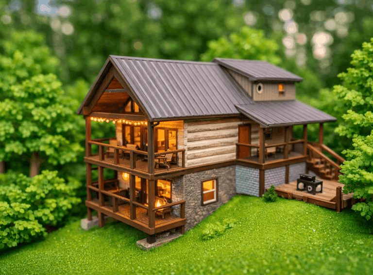 three-story hand-hewn log cabin with multi-level decks in the Smoky Mountains, Gatlinburg TN