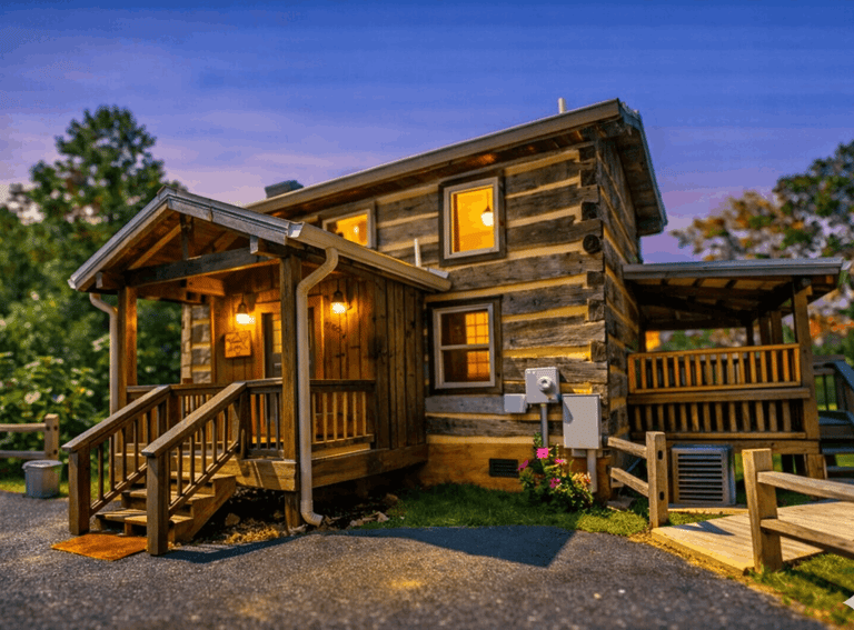 1BR/1BA hand-hewn log cabin porch at dusk, Gatlinburg TN