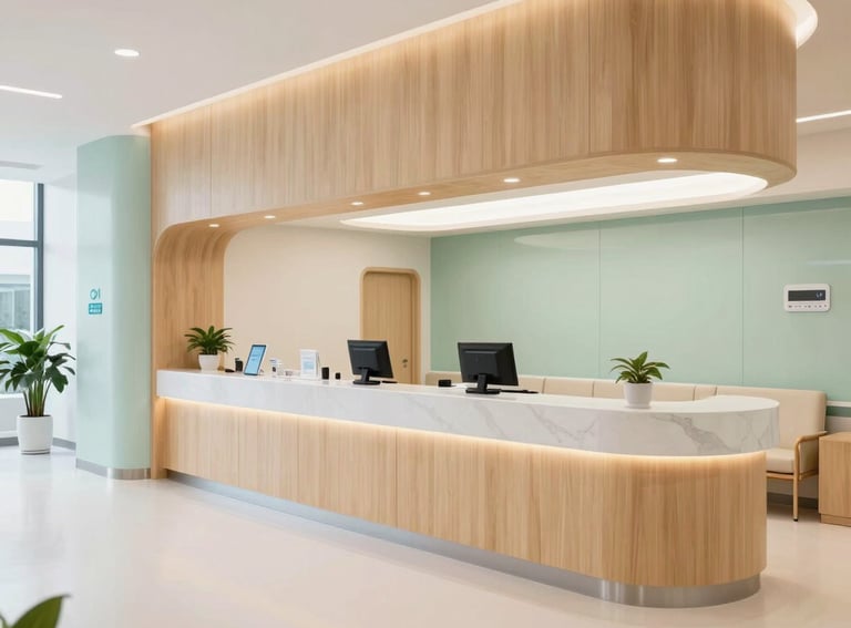 Clean and bright architectural photography of a modern medical facility interior in Southeast Asia, using light wood and soft green tones, professional and trustworthy feel.