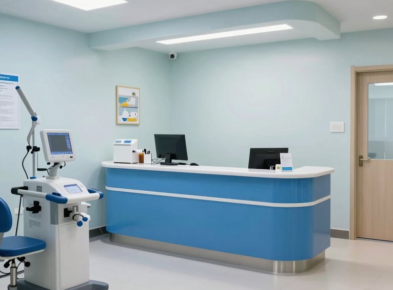 An interior shot of a clean, well-lit medical clinic in a South Asian city, featuring modern equipment and a welcoming reception area in shades of blue.