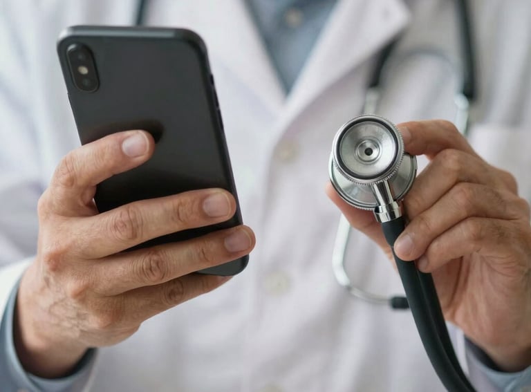 A close-up of hands holding a stethoscope and a smartphone, symbolizing the blend of traditional medicine and digital health technology, soft lighting.