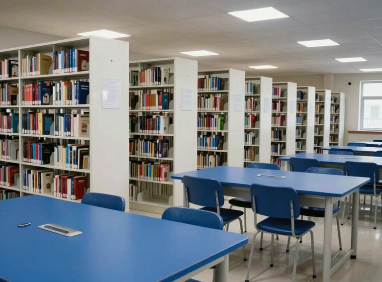 A wide-angle photography shot of a modern Indian school library with white shelving and royal blue study tables. The atmosphere is quiet and professional.