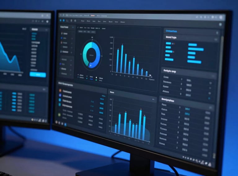 Macro close-up of a high-resolution dark mode data visualization dashboard on a dual-monitor setup, sharp focus, cool-toned blue studio backlighting, sleek corporate technology photography