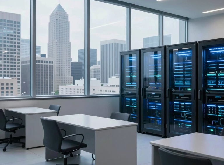A clean, minimalist photograph of a high-tech data hub in a North American city. Large windows overlook a professional skyline, while the foreground shows a sleek workspace with light grey furniture and soft blue ambient lighting reflecting off glass surfaces.