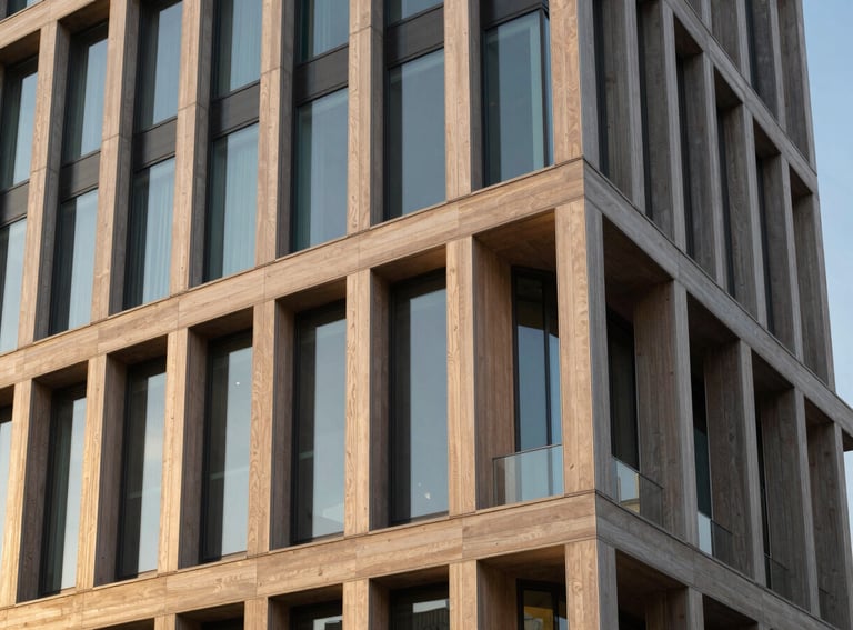 A dignified and artistic photography shot of an architectural detail of a modern foundation building in the US, featuring clean lines, glass, and warm wood textures, bathed in golden hour light.
