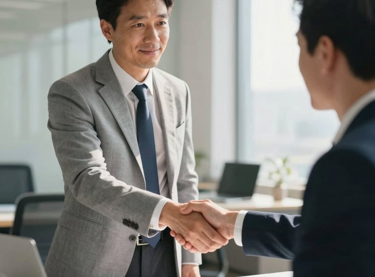 An attorney in a light grey suit shaking hands with a client in a sunlit, professional office setting in Italy.
