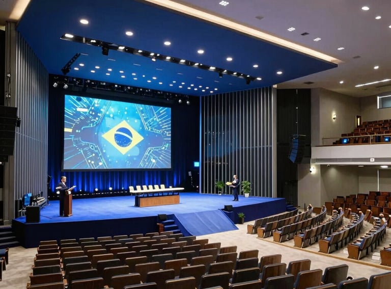 A wide-angle professional photograph of a grand congress hall in Brazil, featuring a modern stage with high-tech LED screens, elegant seating arrangement, and sophisticated ambient lighting in navy blue and silver.