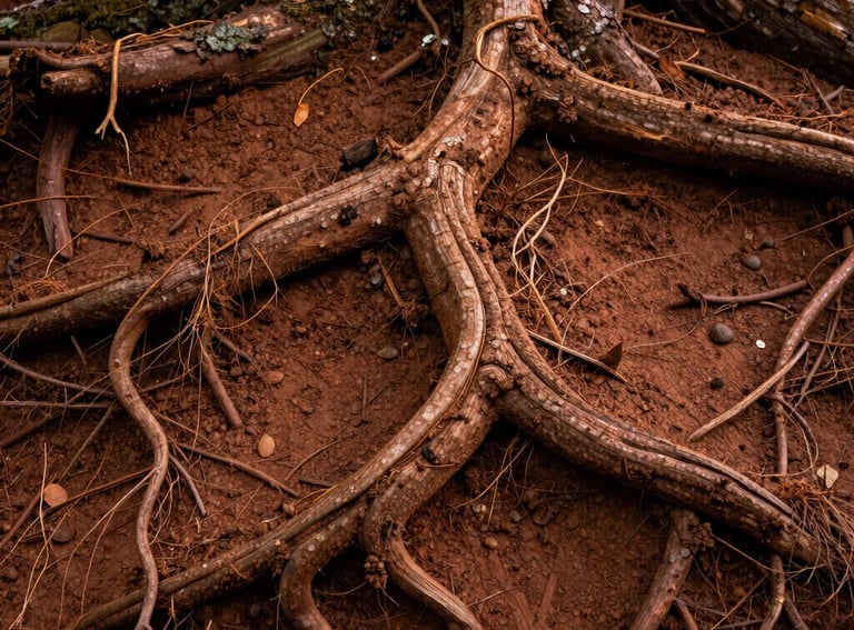 A detailed photography shot of roots weaving into the earth in a North American forest, soft golden highlights, earthy terracotta and soil brown tones.