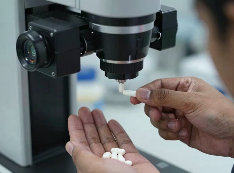 Close-up photograph of medical tablets being inspected by a automated vision system in a high-tech pharmaceutical plant in South Asia.