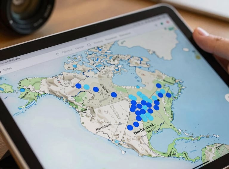 A close-up shot of an interactive digital map on a tablet screen showing North American freight lanes with blue and light blue markers, professional office background.