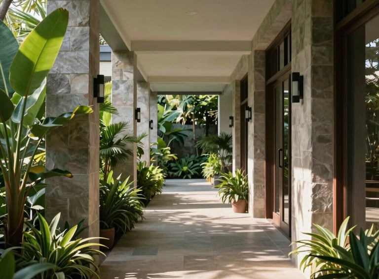 Photography of an open-air corridor in a Vietnamese luxury retreat, biophilic design with lush plants, natural stone, and soft shadows, serene atmosphere.
