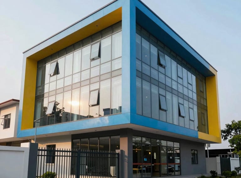 Architectural photography of the Aurum Sky Kidz exterior in Rudrapur. Modern building with large glass windows, sky blue and mustard yellow facade accents, and a safe, gated entrance.
