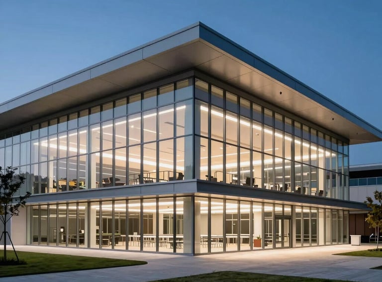 Exterior architecture of a modern sports performance center in North American / US, sleek glass and steel structure with soft white and deep blue evening lighting, professional and premium feel.