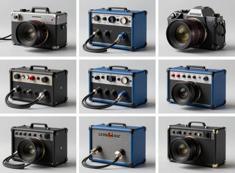 A collage of professional audio equipment, cables, and amplifiers arranged artistically on a light grey surface, steel blue accents, professional photography.