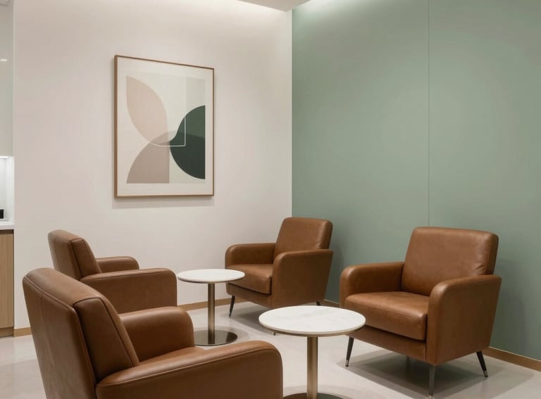 An elegant waiting area of a luxury dental clinic in Italy, with modern brown leather chairs, walls in white and sage green, soft indirect lighting, and minimalist art, conveying a sense of serenity and high-end care.