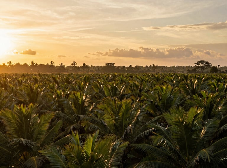 A beautiful view of an Indonesian palm oil plantation at sunset, golden sunlight over rows of palms, photography.