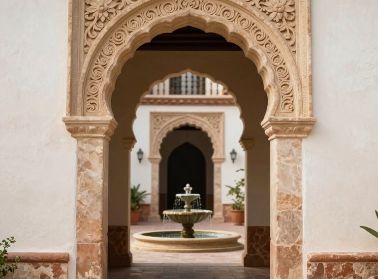 Photography of an elegant architectural detail featuring a carved stone archway leading to a serene patio with a small fountain, Latin American / Spanish colonial influence, warm cream and tan palette.