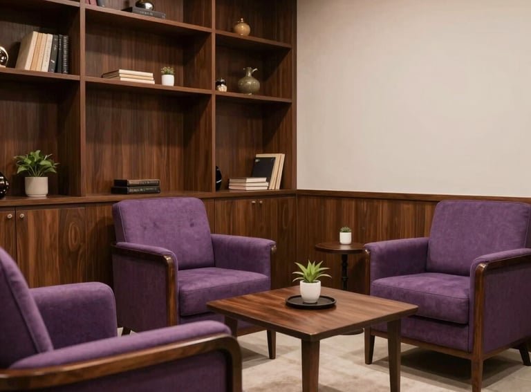 The interior of a peaceful and elegant Brazilian consultation room with dark wood furniture and soft purple accents. Professional and welcoming atmosphere.
