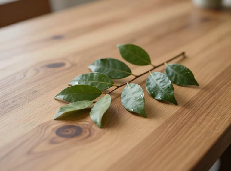 A close-up photography of a natural wood texture with a small branch of green leaves resting on it, soft focus, serene Brazilian interior photography.