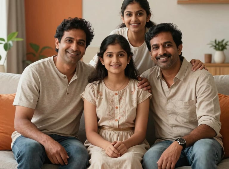 A portrait of a happy South Asian / Indian family sitting together in their cozy, modern home. The lighting is soft and premium, with accents of orange and soft beige in the decor, conveying a sense of security and peace.