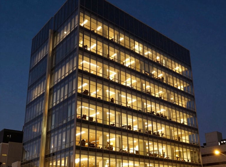 Exterior shot of a contemporary glass and steel building in a South American business district at dusk, warm gold lights glowing from within, dark navy blue sky, modern professional architecture.