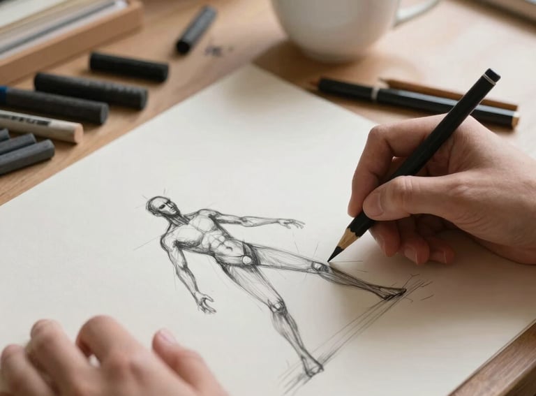 A close-up of hands sketching a human figure in motion on ivory paper. The workspace is filled with charcoal sticks and a cup of tea, set in a serene North American home studio with soft daylight.