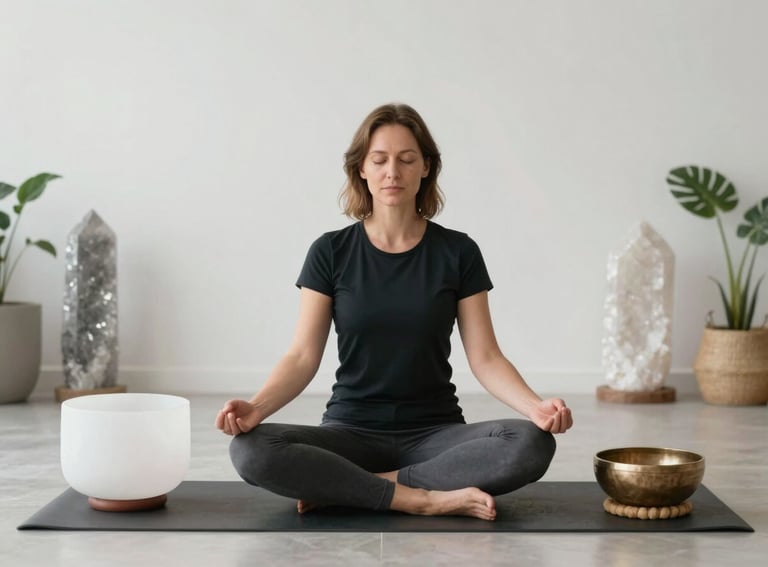 A serene photograph of a professional woman meditating in a bright, modern studio with Northern European design. She is surrounded by mystical artifacts like a large quartz crystal and a singing bowl. The atmosphere is empowering and calm.