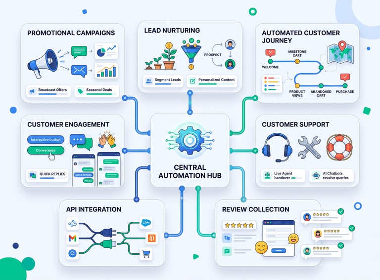 A marketing automation flowchart showing a central hub connecting lead nurturing, customer support, and API integration.