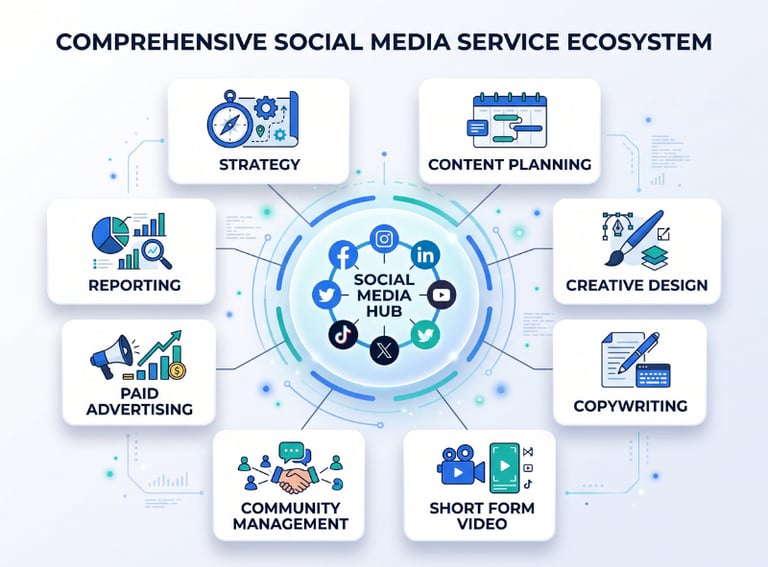 Comprehensive social media service ecosystem diagram showing strategy, content planning, and creative design services.