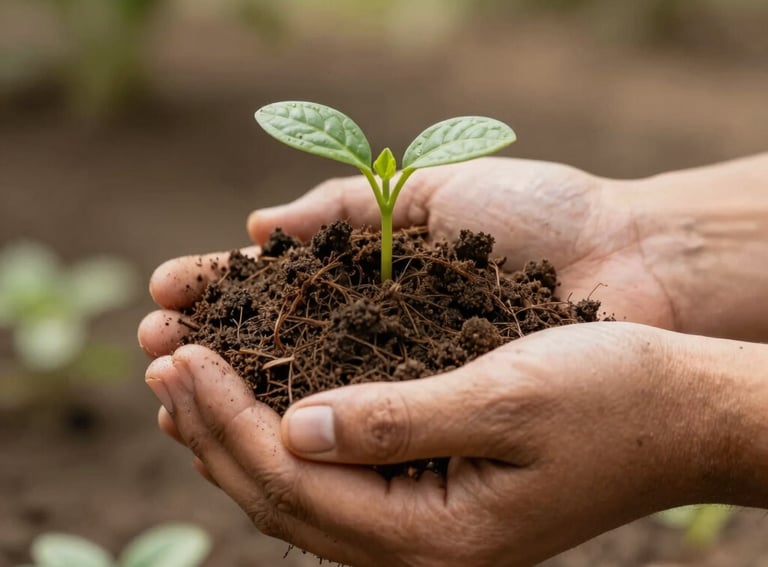 Macro photography of a person's hands holding rich, dark organic soil with a small green sprout emerging, captured in a sun-drenched garden in South American / Brazilian setting, olive drab and pale olive tones.