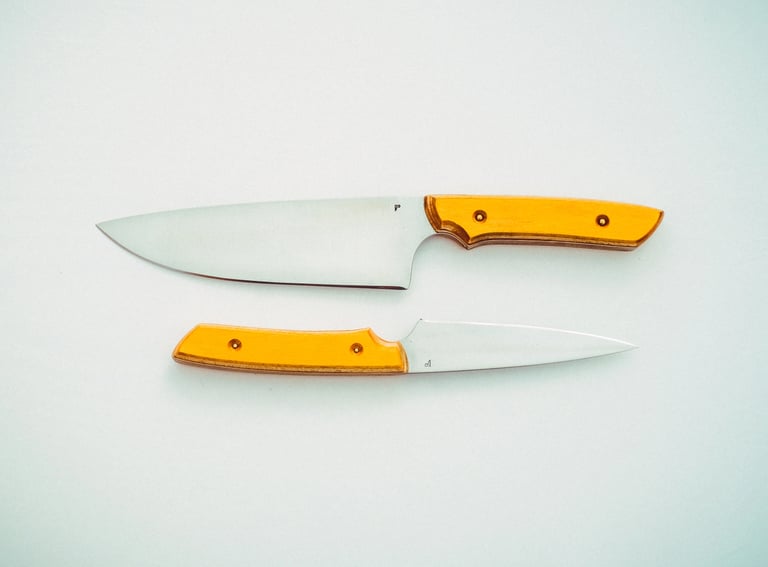 Handmade Kitchen knife in carbon steel with yellow skateboard maple wood handle 