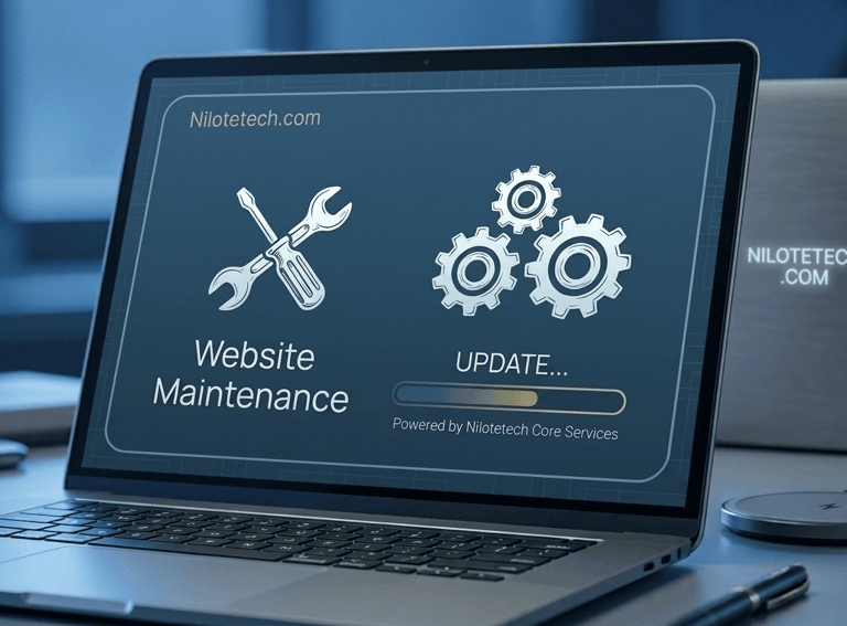 A laptop screen displaying a website maintenance and system update progress bar.