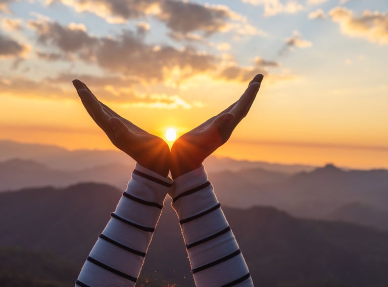 Mains ouvertes recevant la lumière lors d’un moment de méditation spirituelle