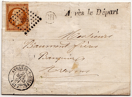 1861: Letter given to the postman during his round in the village of FELLERIES (OR mark) for AVESNES