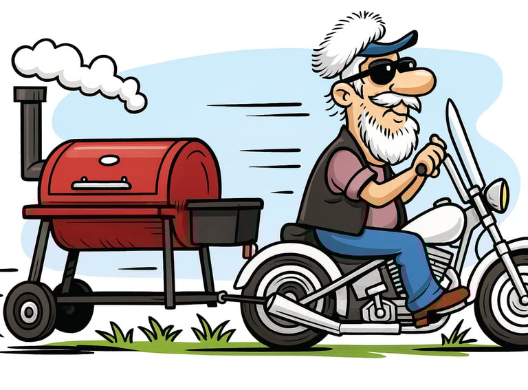Cartoon of old biker with white hair and beard on his motorcycle pulling a smoker grille.