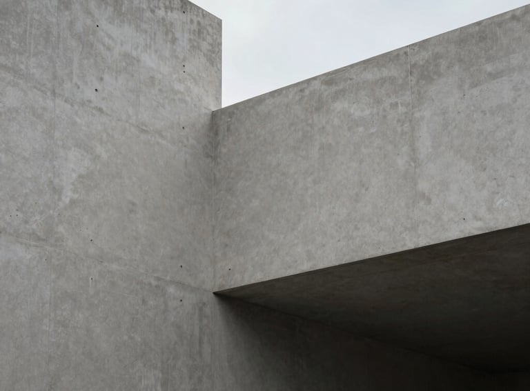 Modern minimalist architecture detail with clean lines and soft grey concrete, a glimpse of the Spanish-speaking sky, quiet and balanced composition.