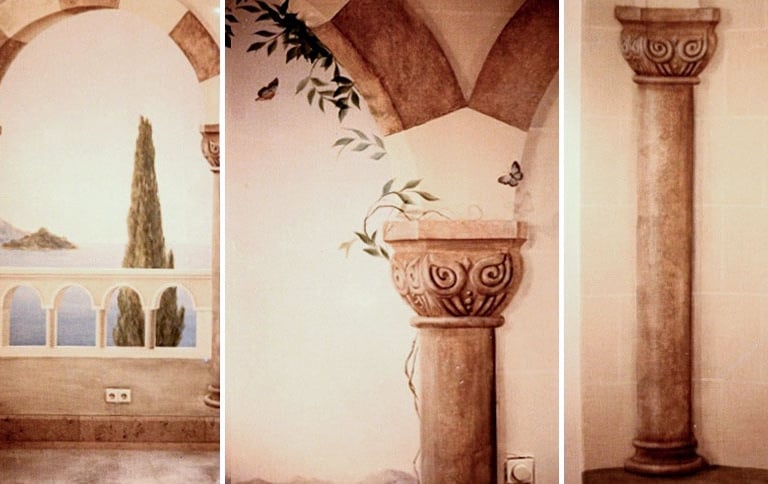 Detailed marble trompe-l'oeil of a column and capital, vines and butterfly, tile showroom mural.