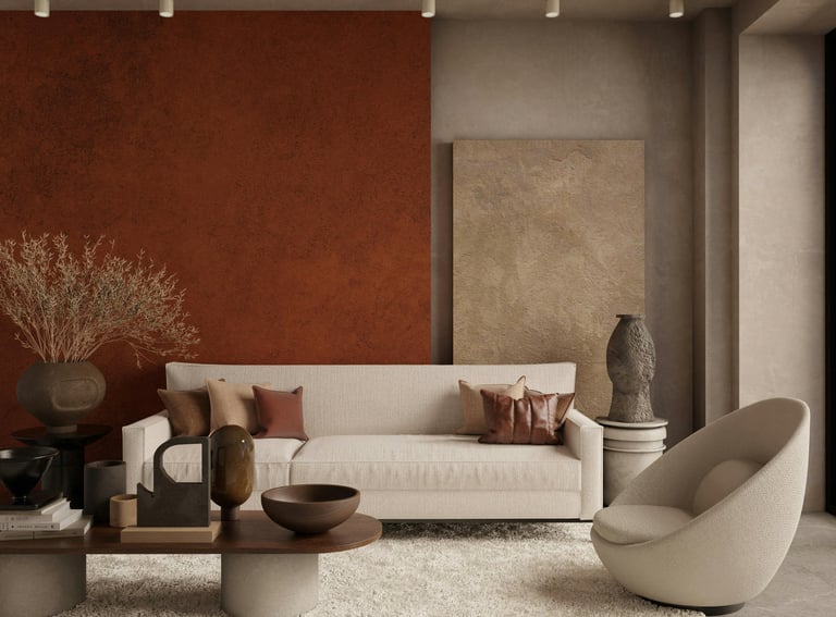Contemporary living room with rust accent wall and sculptural lounge chairs