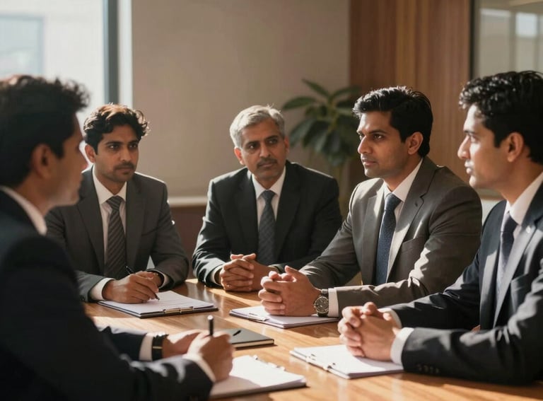 A group of South Asian business professionals in formal attire engaged in a serious but collaborative discussion in a sunlit, high-end boardroom with warm wood accents.