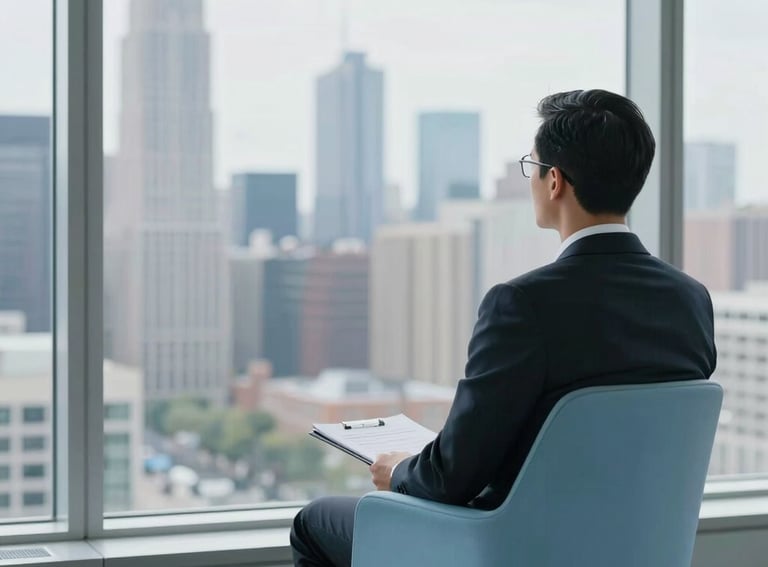 A clean, minimalist photograph of a person in professional attire sitting in a light blue chair, looking out a large window onto a North American urban skyline, symbolizing vision and career outlook.
