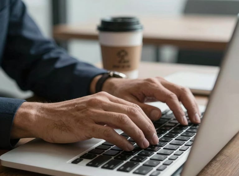 A close-up of hands typing on a modern laptop in a bright office, with a branded coffee mug nearby, professional Latin American setting.