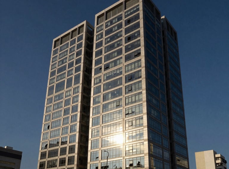 Modern office building exterior in Vila Nova, Santos, reflecting the morning sun, South American / Brazilian city architecture, Deep Navy sky.