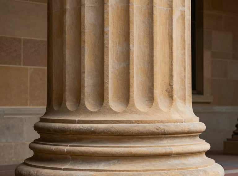 An artistic shot of a courthouse column in Oceania / Australian sandstone, symbolizing stability, history, and the strength of the legal system.