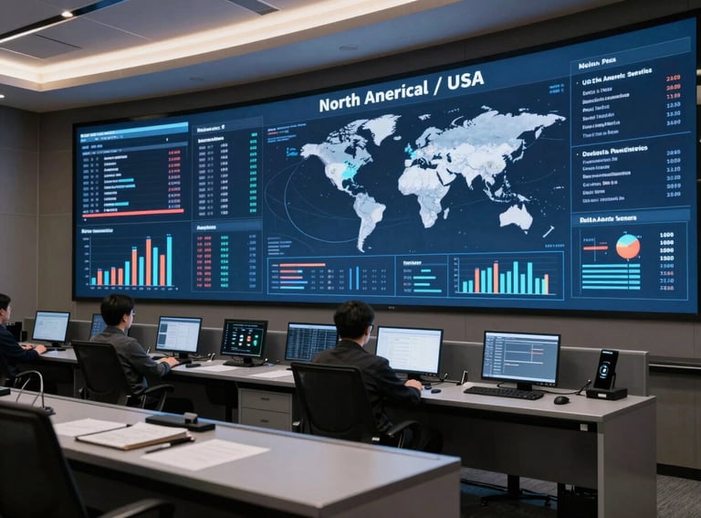 An interior shot of a sophisticated command center with digital screens showing global impact metrics, North American / US corporate style.