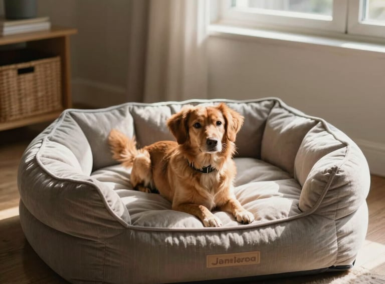 A beautiful interior shot of a sunlit pet lounge with comfortable seating for owners and soft play mats for dogs, North American design style.