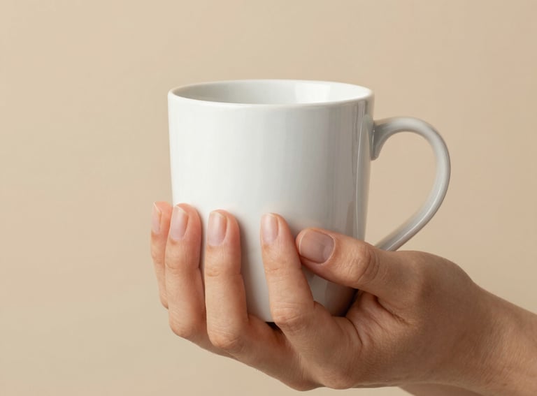 Minimalist close-up photography in a North American home, showing delicate hands with beautifully manicured natural nails holding a warm white ceramic mug against a soft beige background.
